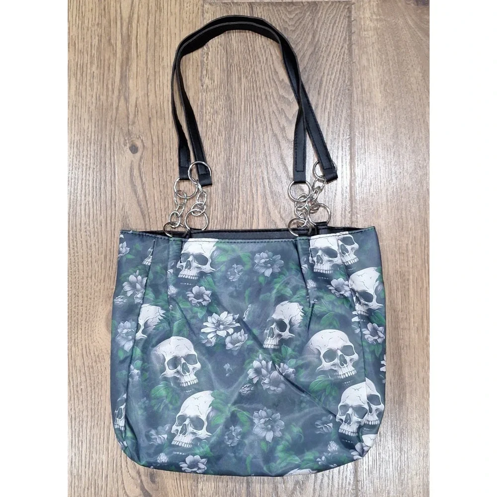 Fashion Purse Black Tote Bag with White Skulls and Green Floral Design